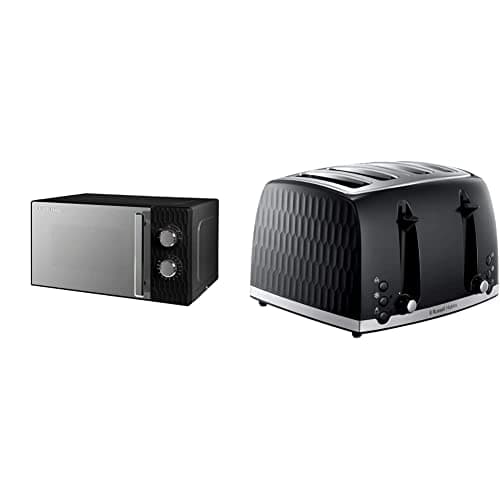 Image of Russell Hobbs Honeycomb RHMM715B 17 Litre 700W Black Solo Manual Microwave & 26071 4 Slice Toaster - Contemporary Honeycomb Design with Extra Wide Slots and High Lift Feature, Black
