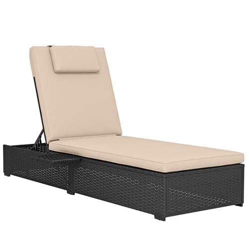 Image of Outsunny Rattan Sun Lounger, 5-Level Reclining PE Wicker Outdoor Patio Lounger with Tea Tray and Cushion, Reclining Garden Chair for Patio, Terrace, 120kg Weight Capacity, Black