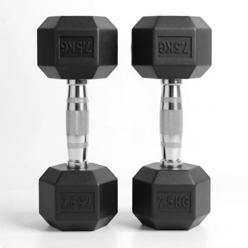 Image of Hex Dumbbells Pair (2.5kg–30kg) | Rubber-Encased Cast Iron Hand Weights Anti-Roll Hex Design Strength Training & Home Gym Fitness Equipment for Men & Women (Black, 7.5KG Pair)