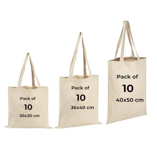 Image of IMFAA Pack of 10 Premium-Quality Long Lasting Cotton Canvas Tote Reusable Shopping Bags Ideal for Printing and Embroidery (Natural, 40x36x60)