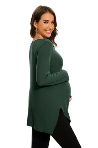Image of Smallshow Women's Maternity Tops Side Split Knit Shirts Long Sleeve Pregnancy Clothes,Grey Green,M
