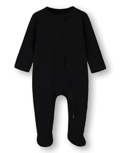 Image of BINUDUCKLING Baby Boys Girls Two-Way Zip Sleepsuit, Baby Footed Pajamas with Mitten Cuffs - Cotton Baby Onesies Long Sleeve Zip Up Baby Grows 9-12 Months, Black