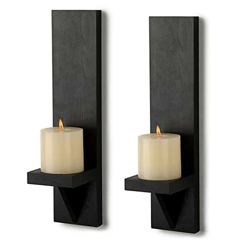 Image of BSTKEY Set of 2 Wooden Wall Candle Sconces, Decorative Candle Holder Wall Mounted Pillar Candle Stand, Black Votive Candlestick Sconce