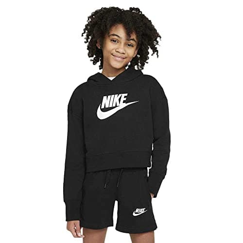 Image of NIKE Girl's G Nsw Club Ft Crop Hoodie Hbr Sweatshirt, Black/White, 13 Years UK