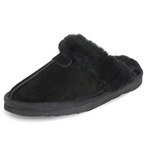 Image of Polar Women’s Suede Winter Mules Slippers - Warm Faux Sheepskin Lining, Australian Style - Indoor House Shoes with Non-Slip Sole - Black - UK 6