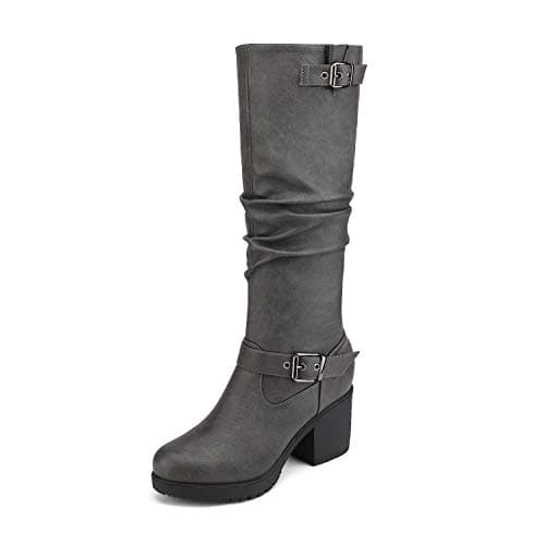 Image of DREAM PAIRS Women's Knee-High Boots, Comfortable Chunky Block Heel Pointed Toe Pull On Side Zipper Suede Slouch Riding Boots,Size 6,Grey,CHAI-1