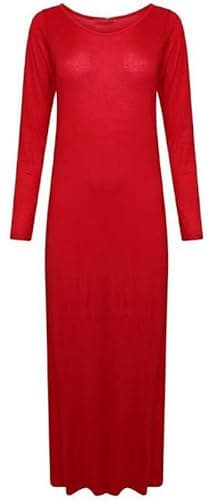 Image of New Women’s Long Sleeve Maxi Dress Stretchy Ladies Plain Jersey Round Scoop Neck Casual Style Plus Size UK 8-26 Red