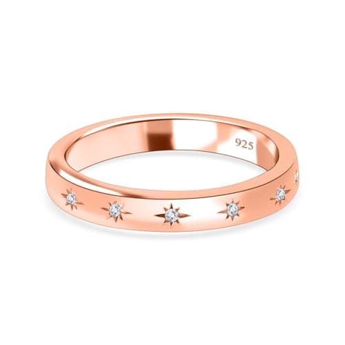 Image of TJC Silver Rings for Women 925 Sterling Silver Wedding Band Ring, Natural Diamond Studded Star Motif Stackable Ring, Half Eternity Promise Ring with 18K Vermeil Rose Gold Plating, Ladies Rings Q