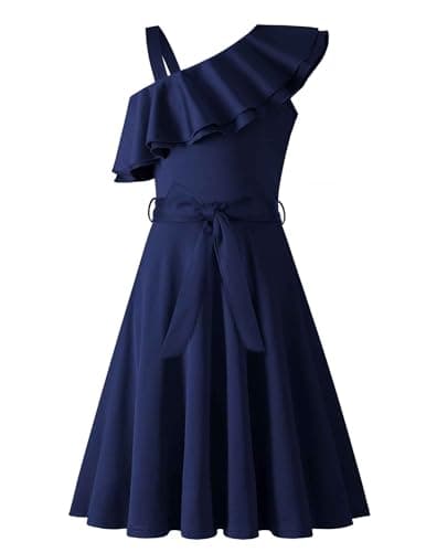 Image of Arshiner Girls Dresses One-Shoulder Kids Dresses Summer Sleeveless Dress Ruffle Neck Elegant Party Festival Dresses Swing with Belt Dress for Girls 13-14 Years Navy Blue