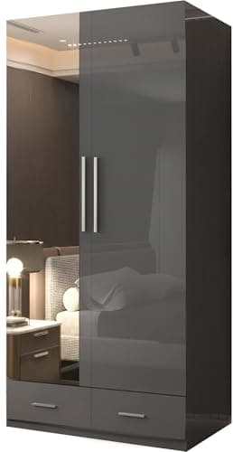 Image of SLIDING WARDROBE 4U High Gloss 2 Door Hinged Wardrobe with Mirror, Drawers, Shelves & Hanging Rail – Freestanding Bedroom Storage – 80cm / 90cm – White, Black or Grey (Grey, 90cm)