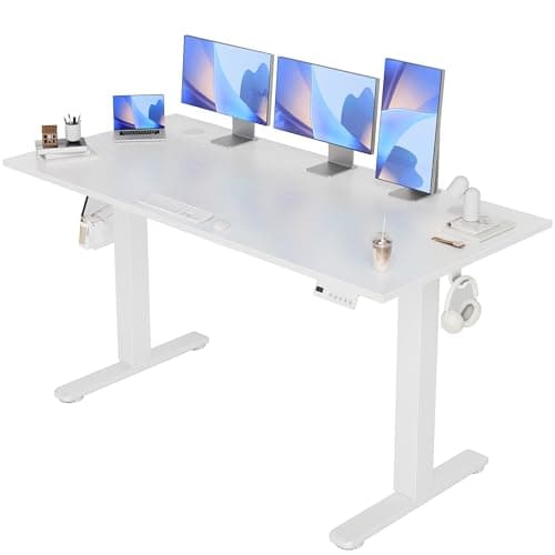 Image of Claiks Electric Standing Desk 140x60cm Height Adjustable Desk with 3 Memory Presets & Sit Stand Reminder, Quiet Home Office Computer Desk with LED Display, Cable Holes & Hooks, White