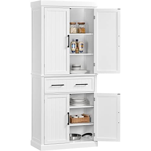 Image of Yaheetech Tall Kitchen Pantry Cupboard, 183.5cm Freestanding Storage Cabinet with Drawer, 4 Doors, 2 Adjustable Shelves for Home Dining Living Room, White