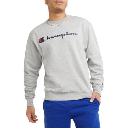Image of Champion Men's Graphic Powerblend Fleece Crew Sweatshirt, Oxford Grey/Champion Script, L UK