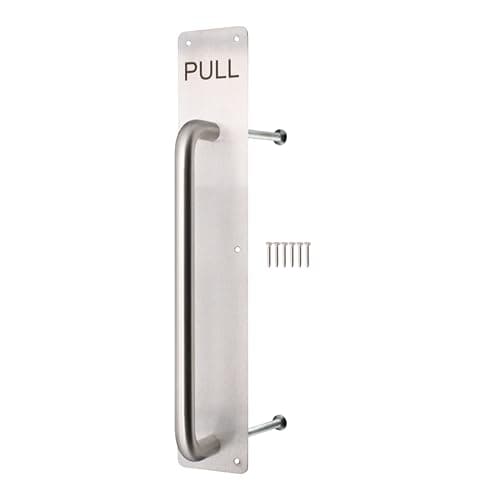 Image of EAI Satin Pull Handle on Plate, 475 x 75mm Commercial Handle on Finger Plate Satin Stainless for Schools, Offices, Shops & More