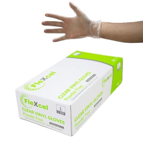 Image of FleXcel Clear Large Disposable Vinyl Gloves – Box of 100 – Powder Free Latex Free Medical Grade Examination Gloves AQL 1.5 – Non-Sterile Food Safe Disposable Glove for Kitchen Prep & Handling