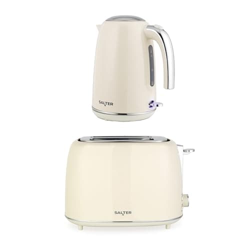 Image of Salter Retro Kettle & 2-Slice Toaster Set – 1.7L 3kW Jug Kettle with 360° Base & 815W Toaster with Wide Slots, Plastic, 6 Browning Levels, Removable Crumb Tray, Cream