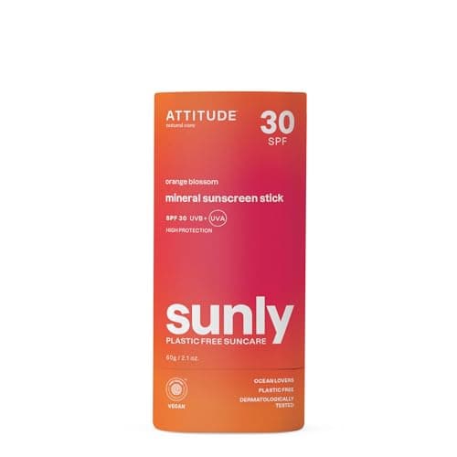 Image of ATTITUDE Mineral Sunscreen Stick with Zinc Oxide, SPF 30, EWG Verified, Plastic-Free, Broad Spectrum UVA/UVB Protection, Dermatologically Tested, Vegan, Orange Blossom, 60 g