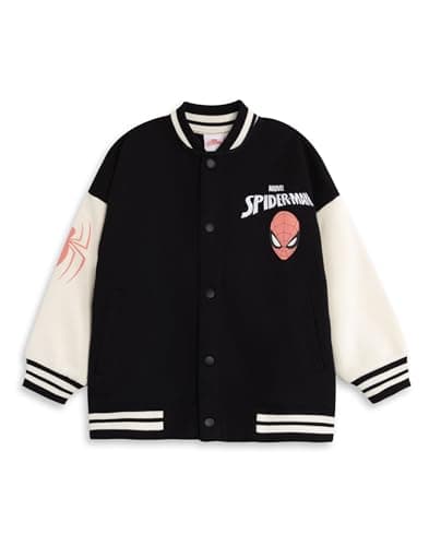 Image of Marvel Spider-Man Boys Black Bomber Jacket | Graphic Varsity Jacket with Cartoon Prints | Long Sleeve Streetwear Top featuring Spidey | Marvel Comics Apparel | Spiderman Merch - 5-6 Years