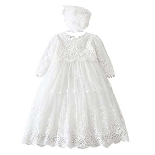 Image of Leideur Baby Long Christening Gowns White Baptism Dress Special Occasion Dresses for Girls Birthday (White 1, 3 Months)