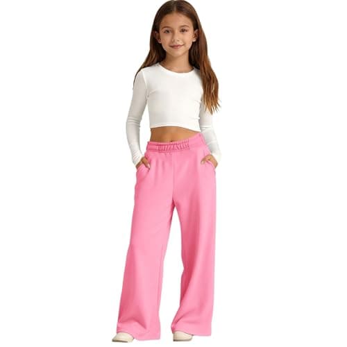 Image of Girls Oversized Wide Leg Joggers Sweatpants Fleece Athletic Joggers Drawstring Waist and Pockets Solid Color Tracksuit Bottoms Kids Baggy High Waist Straight Leg Track Pants School (Pink, 7-8 Years)