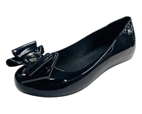 Image of Women's Flat Bow Jelly Office Work School Slip On Comfy Ballerina Shoes (Black/Patent, UK Footwear Size System, Adult, Women, Numeric, Medium, 6)