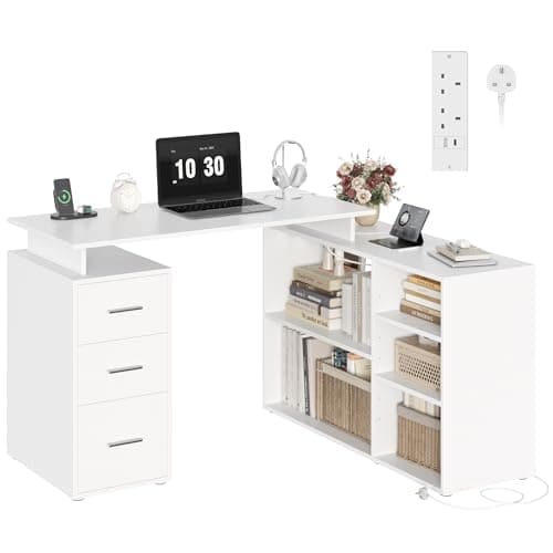 Image of FirFurd Computer Corner Desk with Drawers White L Shaped Desk with Storage Shelves, Power Outlet Office Workstation Study Writing Table for Home Office Furniture 129x104x76cm