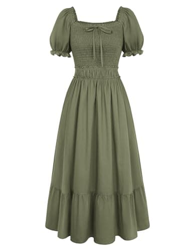 Image of SCARLET DARKNESS Womens Renaissance Dress Elastic Waist Maxi Smocked Dress Square Neck Short Sleeve Flowy A-Line Dresses Olive Green S