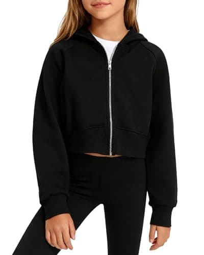 Image of BOVOSHA Girls Zip Up Long Sleeves Hoodies Cropped Solid Jackets with Pockets for Kids Hooded Sweatshirt Tops Clothes 7-13T (Black, 10-12T)