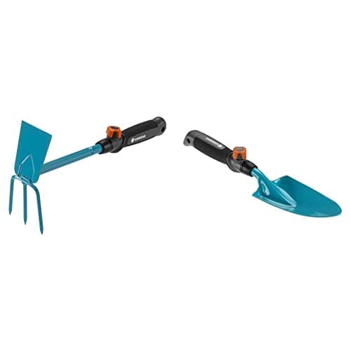 Image of Gardena combisystem Hand Hoe: Three-toothed double hoe for loosening/aerating soil and weeding, 6.5 cm working width, ergonomic handle, corrosion protection & 08929-20, combisystem Hand Trowel, 8.5cm