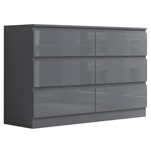 Image of FWStyle Large 6 Drawer Chest Matt Grey with Grey Gloss Drawer Fronts Bedroom Furniture Storage - W110 x H77 x D40cm
