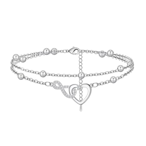 Image of BMMYE Sterling Silver Anklet Ankle Bracelets for Women,Adjustable Silver Anklets for Women Infinity Heart Ankle Bracelet