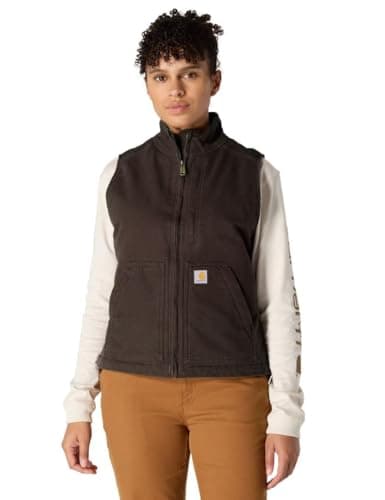 Image of Carhartt Women's Loose Fit Washed Duck Sherpa-Lined Mock Vest, Brown, Extra Small