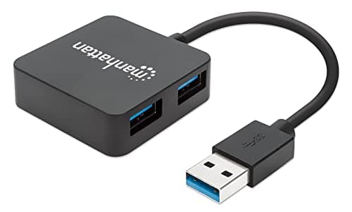 Image of Manhattan USB-A 4-Port Hub, 4x USB-A Ports, 5 Gbps (USB 3.2 Gen1 aka USB 3.0), Bus Power, Fast charging x1 Port up to 0.9A or x4 Ports with power jack (not included), Black, 3 Year Warranty, Blister