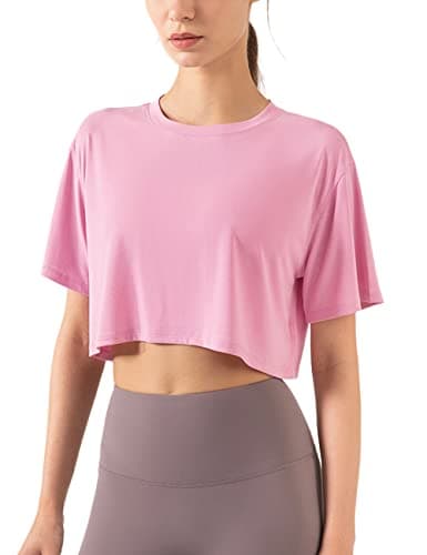 Image of Hanyomo Women's Fitness Workout Crop Tops Short Sleeve Yoga T-Shirts Athletic Running Sports Shirts Pink S