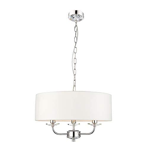 Image of National Lighting Kennedy Modern Bright Nickel Multi Arm 3 Way Pendant Ceiling Light with Crystal Detail and White Fabric Shade