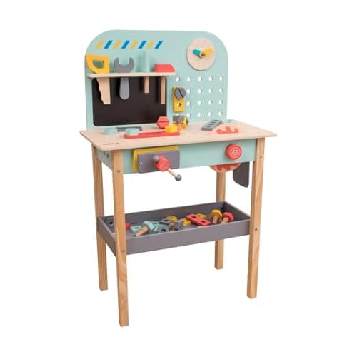 Image of Owl & Fox Wooden Workbench, Pretend and Play Tool Workshop, with Saw, Spanner, Hammer, Screws and Accessories, Role Play for Kids 3+, Sustainable, Traditional & Stylish, 54.5 x 32 x 85 cm (h)