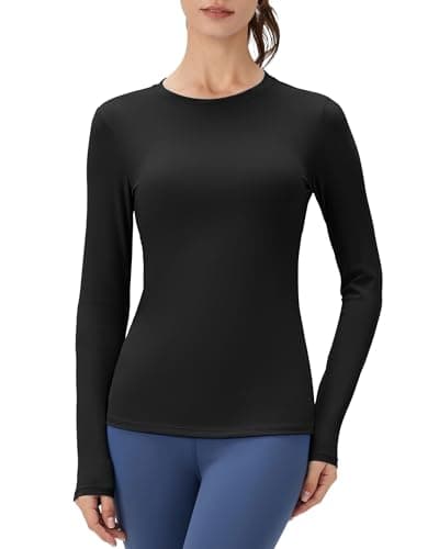 Image of POIHIDE Gym Tops Long Sleeve Women Sports Activewear Workout Compression T Shirts Crew Neck Yoga Athletic Running Shirt Breathable Thermal Undershirts Base Layer Black