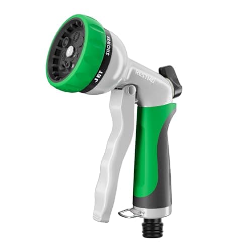 Image of RESTMO Hose Pipe Spray Gun, Heavy Duty Garden Hose Spray Gun, High Pressure Hose Nozzle, Metal Hand Sprayer with 7 Patterns and Water Flow Control, Ideal to Water Plant & Lawn, Wash Car & Pet, Green