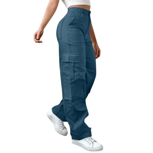 Image of Hiking Trousers Women Beige, Women's Cargo Trousers Elastic Waist Work Cotton Stretch Parachute Pants for Hiking Walking Gym Combat Streetwear Blue Work Trousers Women Slim fit XXL