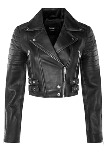 Image of Ladies Cropped Jacket Short Body Gothic Top BLACK Chic Biker REAL LEATHER Jacket M