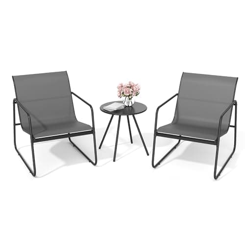 Image of Pamapic 3-Piece Patio Bistro Set, Garden Furniture Set with Table and 2 Chairs, Breathable Textilene Fabric, Patio Furniture Set for Outdoor, Balcony, Bistro, Porch, Grey