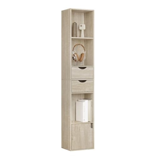 Image of WOLTU Tall Bookshelf with Adjustable Shelf, Bookcase with 3 Open Cubes, 2 Drawers, 1 Cabinet, Storage Shelving Unit Floor Standing Shelf Unit, Living Room Furniture, Light Oak, 30x24x158cm SK028hei