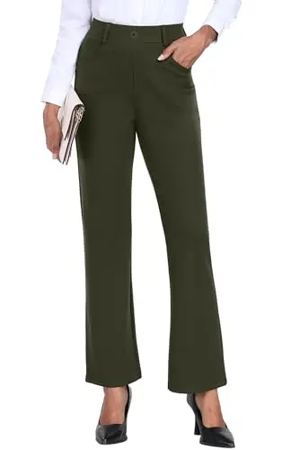 Image of GRECERELLE Ladies Stretchy Work Office Trousers Elasticated Waist Straight Leg Casual for Women UK Yoga Pants with Pockets (Army Green, M)