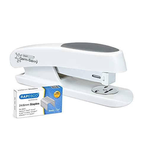 Image of Rapesco 1483 ECO Sting Ray Stapler and 1000 x 24/6 mm Staples, 20 Sheet Capacity, Antibacterial Protection, Soft White