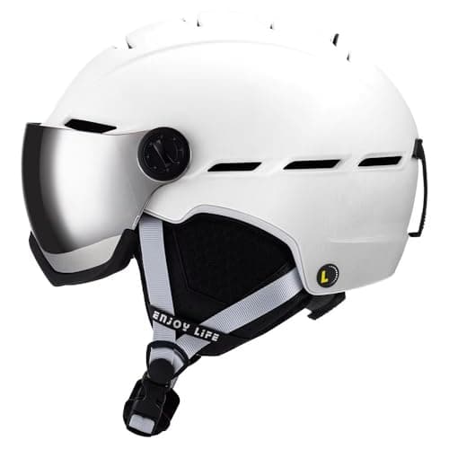 Image of Ski and Snowboarding Helmet, Integrated UV Visor, Push Button Ventilation, High Impact Protection, Lightweight, Ear Pads, Click to Adjust Size, Men, Women and Kids. (White, M)