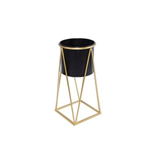 Image of green leaves Metal Planter Stand with Plant Pot Flower Pot for Indoor Balcony Flower Rack (Black, Medium)