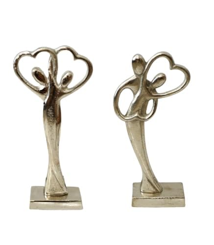 Image of Romantic Couple Sculpture Set – Abstract Metal Love Figurines with Heart Design | Set of 2 Silver Entwined Statues for Bedroom, Anniversary, or Wedding Gift