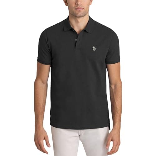 Image of U.S. Polo Assn. Men's Classic Polo Shirt, Two-Button Closure Pique Polo Shirt, Summer Fashion Golf Shirt, Black Heather, Large