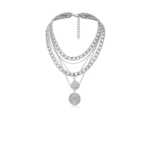 Image of GAUEIOUR Punk Chunky Chain Necklace, Multi Layered Queen Engraved Coin Alloy Pendant, Round Hip Hop Necklace, Exaggerated Cuban Necklace, Thick Collar Jewelry For Women And Girls (Silvery)
