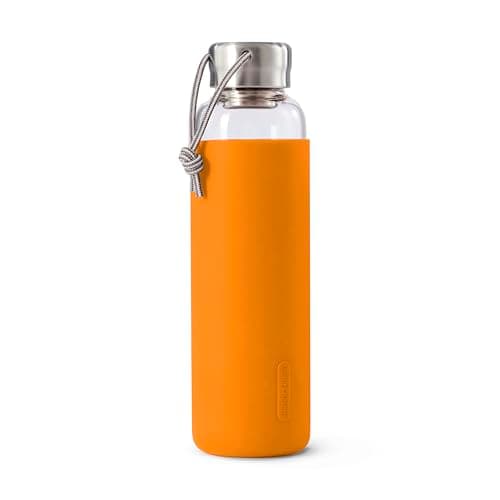Image of BLACK+BLUM - Glass Water Bottle - Leak Proof, Lightweight Borosilicate Glass Bottle with Screw-Fit Lid, Carry Loop and Protective Sleeve - Freezer Safe, Orange - 600ml